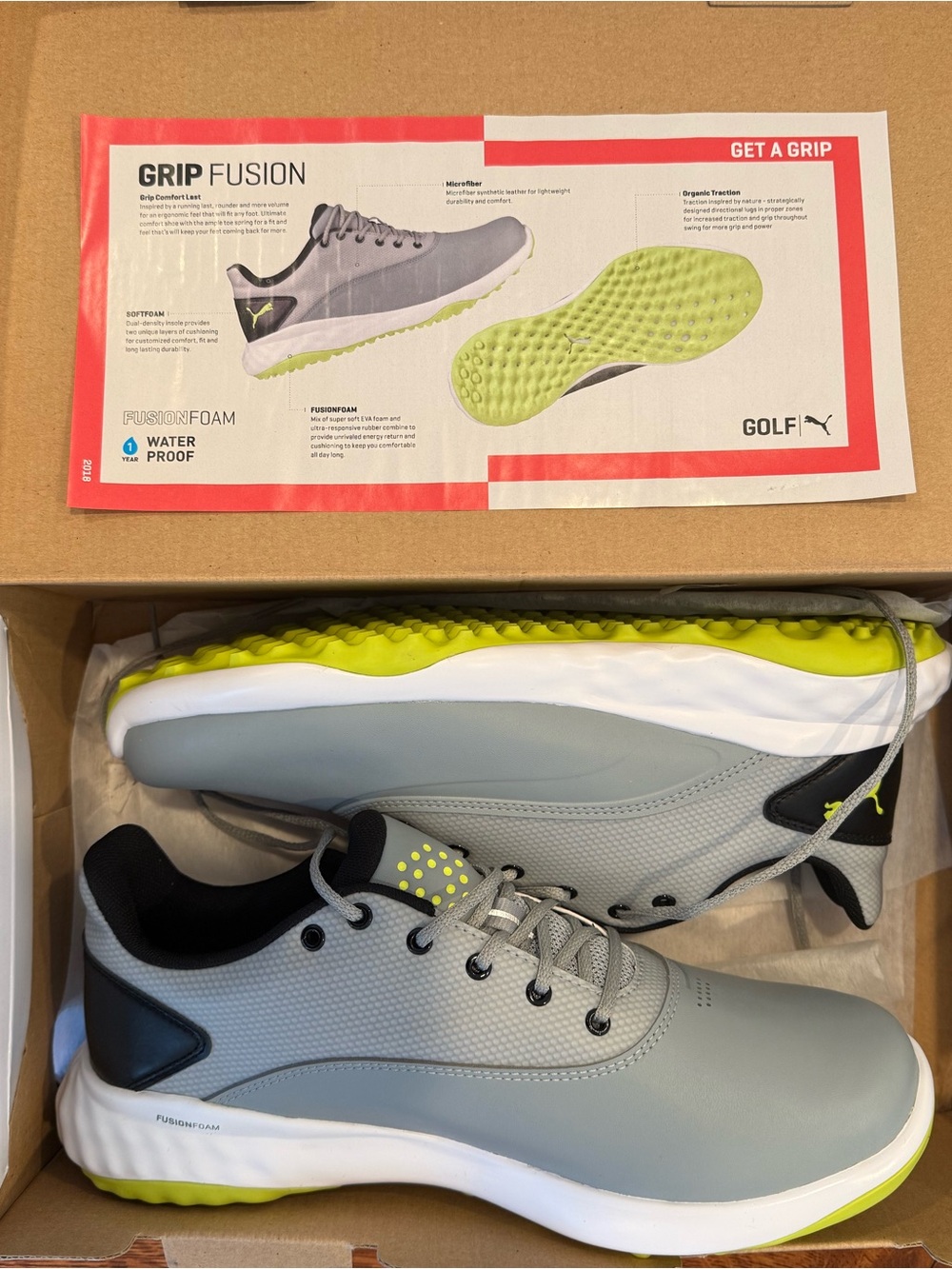 Puma Quarry Grey and Acid Lime Grip Fusion Golf Shoes